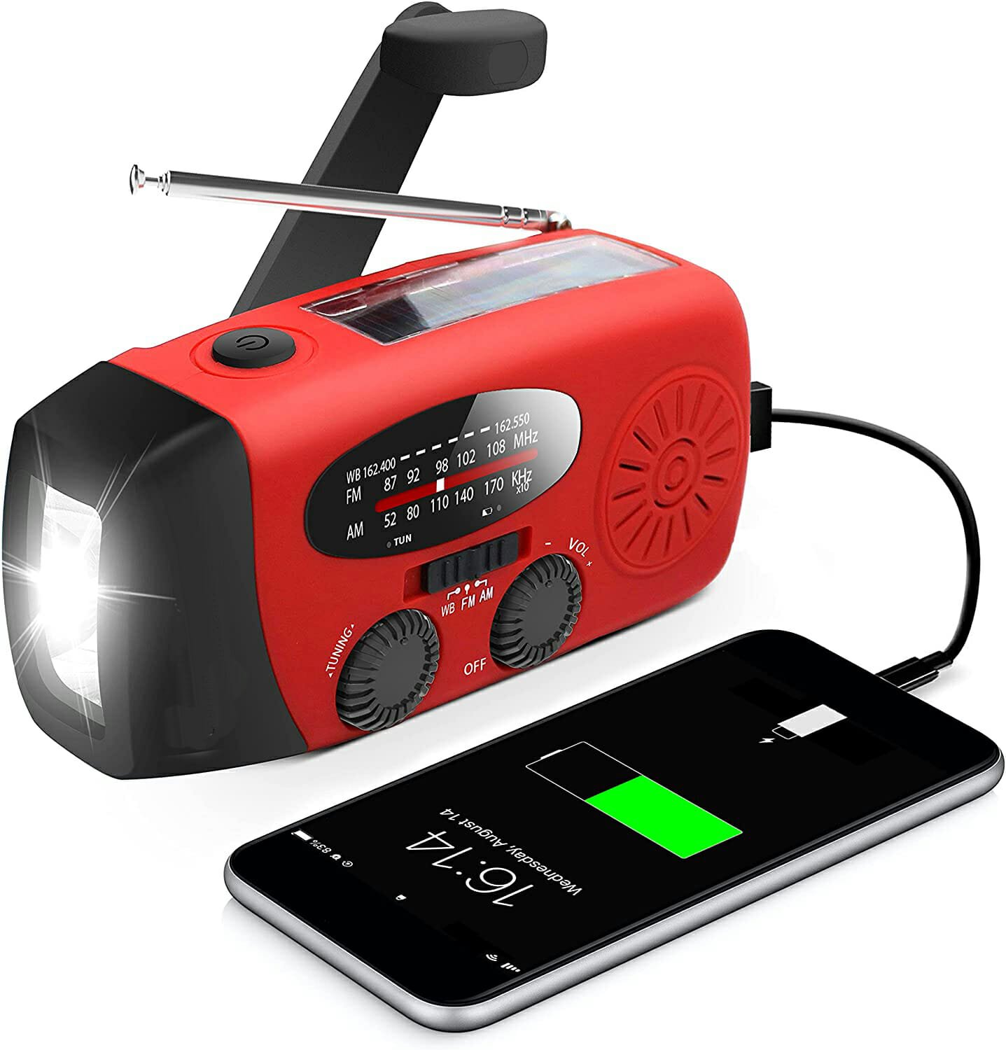Emergency Radio with Solar and Crank Portable Battery USB Recharging FM/AM Radio with Bluetooth Speakers LED Flashlight Camping Lantern 2300 mAh Power Bank Phone Charger MP3 Player Siren Red 